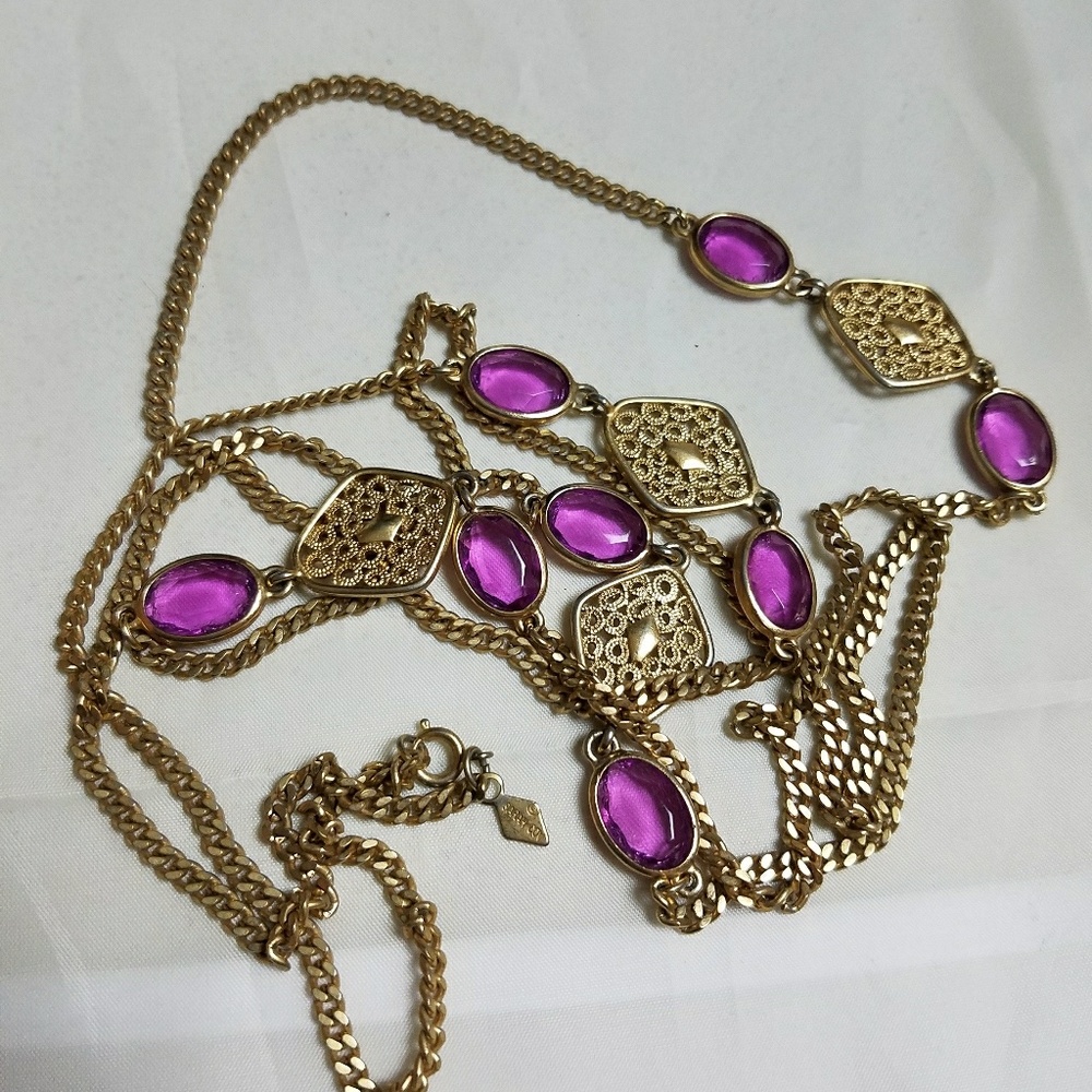 Gold Tone Sarah Cov Purple Glass Necklac